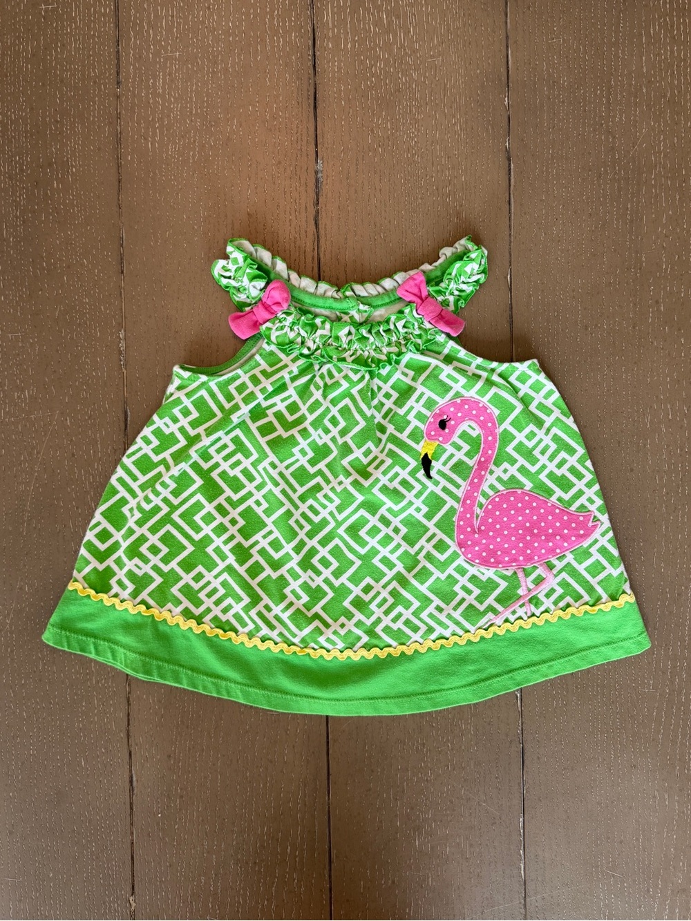 Kids Headquarters Girls’ Embroidered Pink Flamingo Green Summer Dress • Size 24M